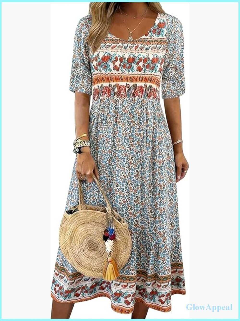 Boho Floral Maxi Dress Short Sleeve Crew Neck A-Line Casual Beach Sundress